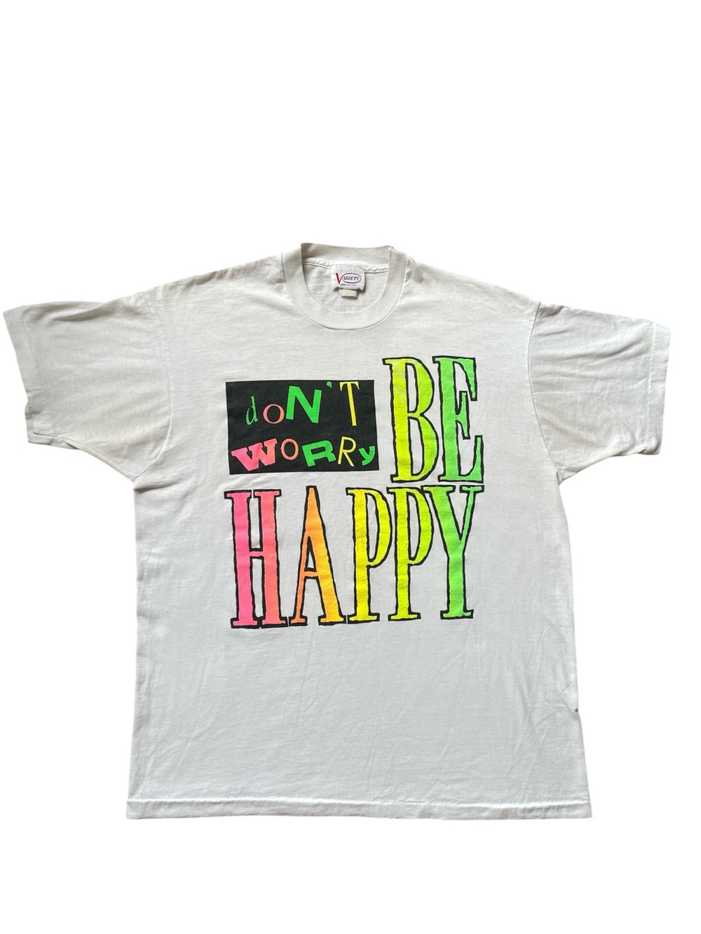 Vintage 1990s Don't Worry Be Happy Single Stitch T-Shirt Unisex Neon Colours